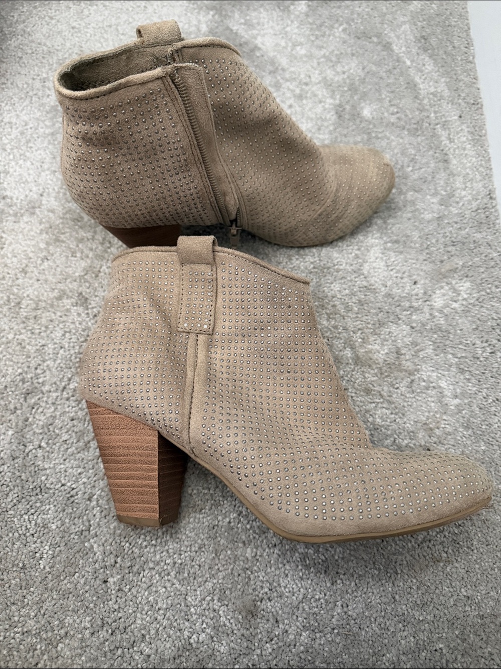 Report Taupe Studded Suede Block Heel Ankle Boots